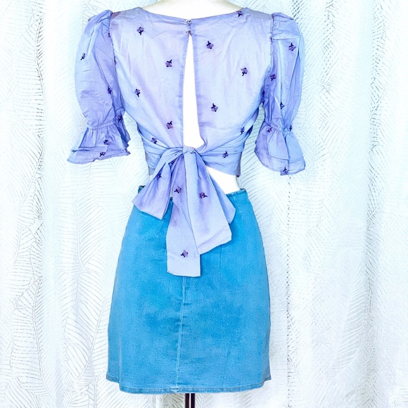 Women Lavender Square Collar Short Sleeve Crop Top - Picture 5 of 5